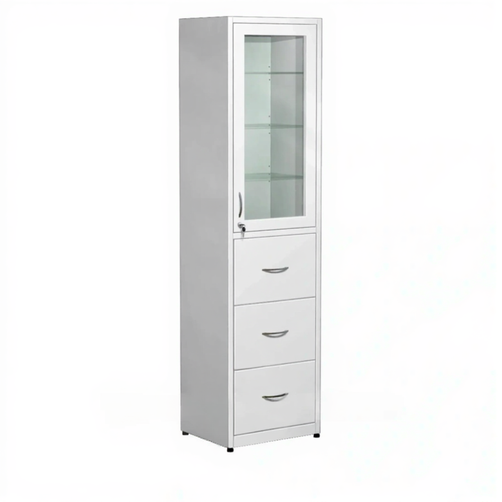 Шкаф для медикаментов, стекло в металлической рамке, с ящиками ШМп-3.1 (белый)